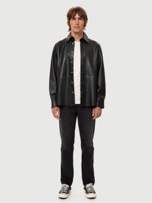 Black Nudie Jeans Hugo Leather Men's Shirts | 06895HKFY