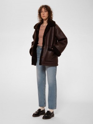 Chocolate Nudie Jeans Eva Shearling Coat Women's Jackets | 06924MIRV