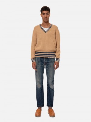 Khaki Nudie Jeans Stoffe V-Neck Men's Knitwear | 32689VPHT