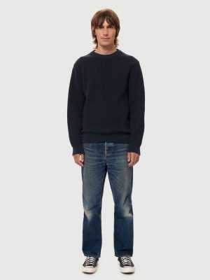 Navy Nudie Jeans August Rib Cotton Men's Knitwear | 08742ASID