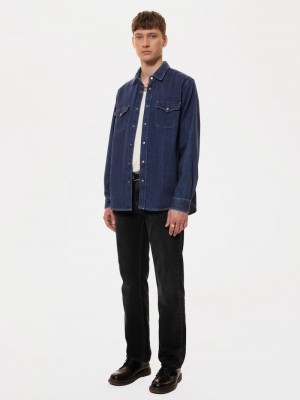 Navy Nudie Jeans Sven Heavys Men's Shirts | 50491GKRU