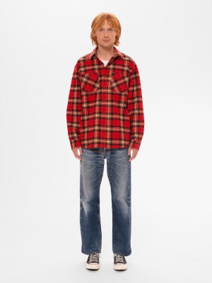 Red Nudie Jeans Filip Flannel Men's Shirts | 37568IBJL