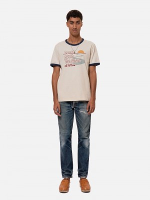 White Nudie Jeans Ricky Push The River Ivory Men's T-Shirt | 63205PSJM