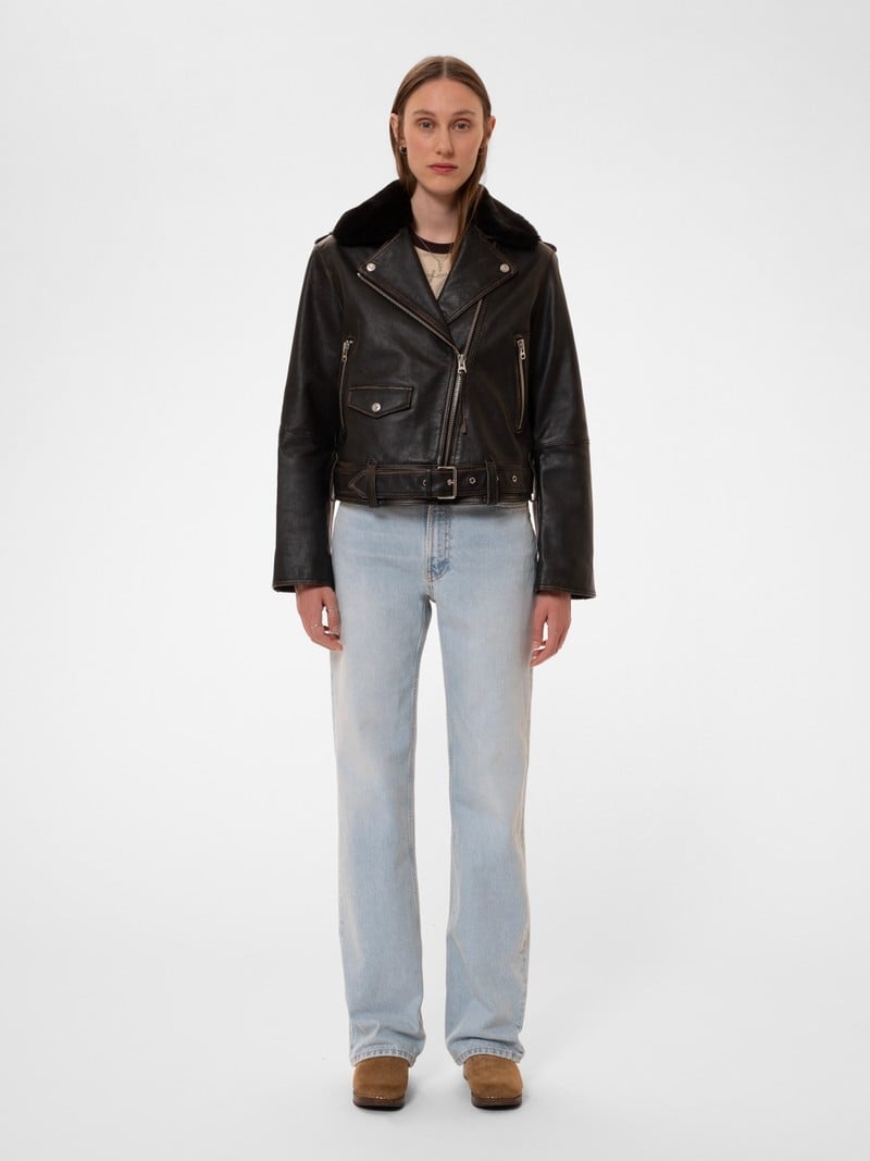 Black Nudie Jeans Greta Biker Leather Women's Jackets | 38719BYDR