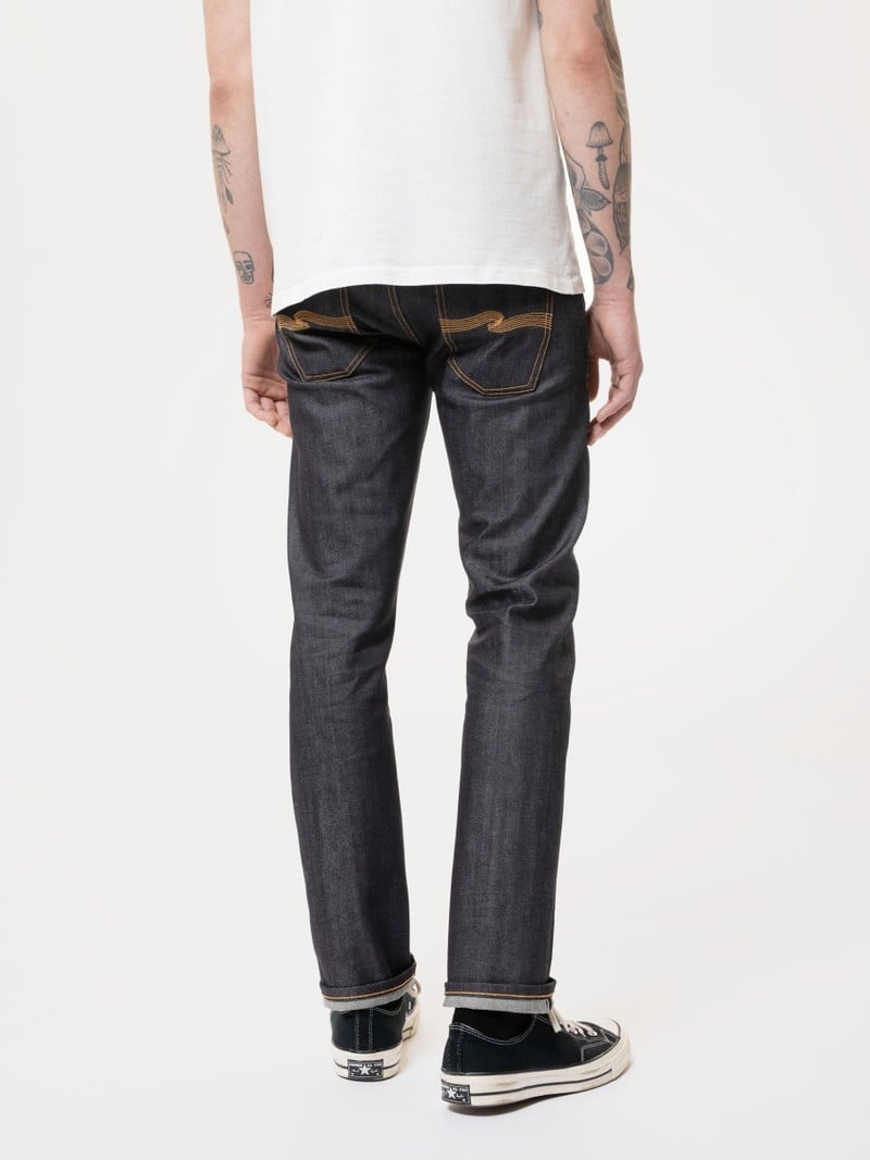 Black Nudie Jeans Grim Tim Dry Original Selvage Men's Jeans | 65372ESAH