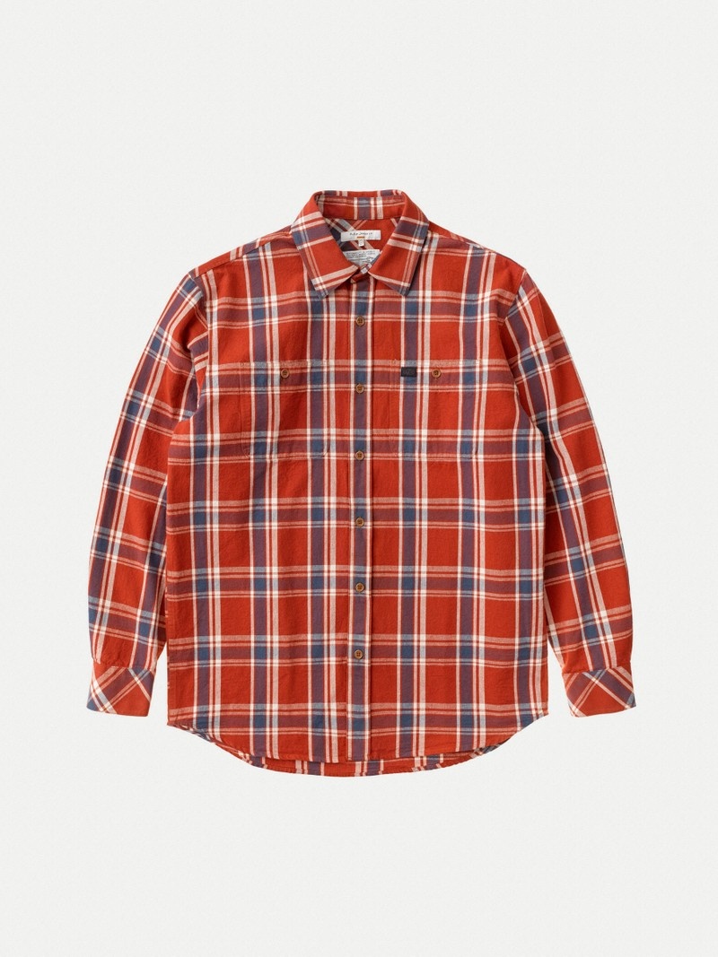 Red Nudie Jeans Filip Basket Plaid Men's Shirts | 90215KOMR