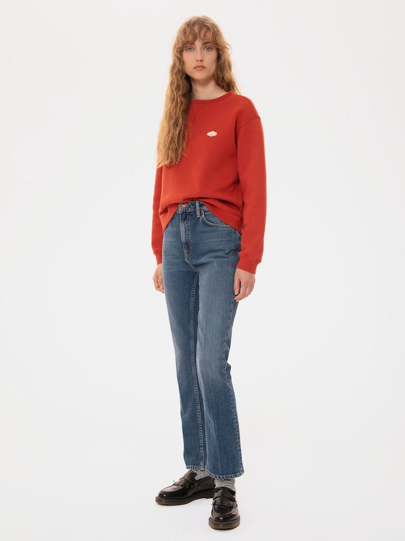 Red Nudie Jeans Oda Badge Rosso Women\'s Knitwear | 76234ULXN