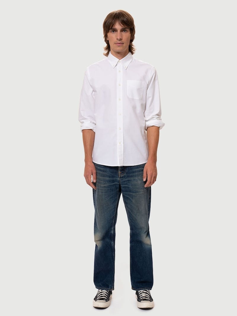 White Nudie Jeans John Button Down Oxford Men\'s Shirts | 69230KZBS