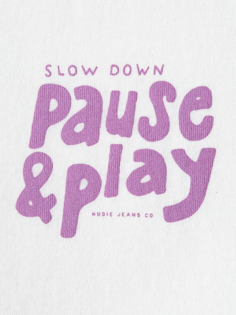 White Nudie Jeans Roy Pause And Play Chalk Men's T-Shirt | 46283PAJC