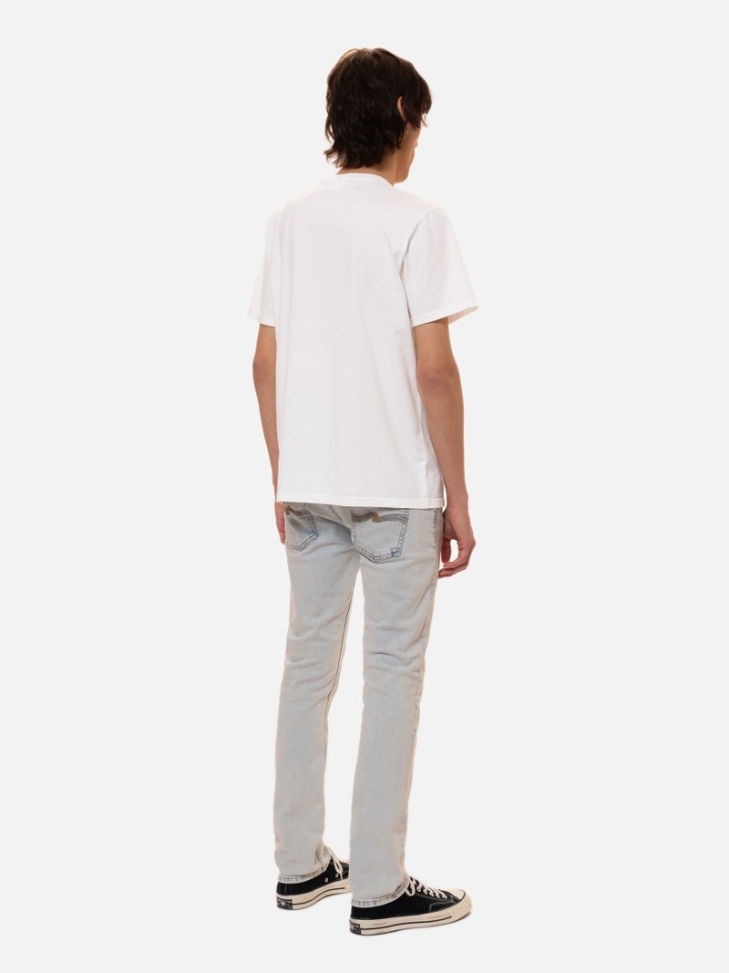 White Nudie Jeans Roy Pause And Play Chalk Men's T-Shirt | 46283PAJC